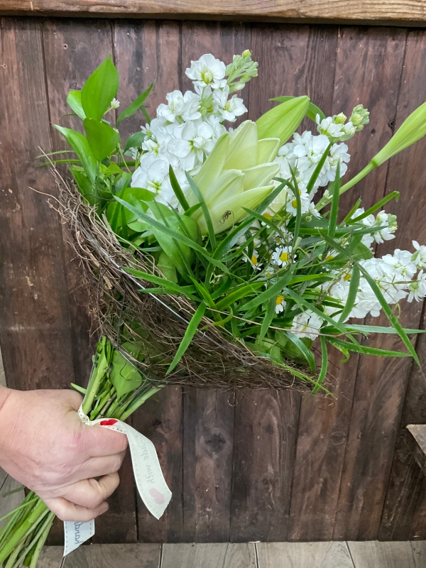 Seasonal white and green posy.