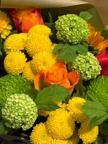 Seasonal yellow orange and lime green gift bag.